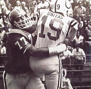 A young Lyle Alzado with the Denver Broncos defense gets a sack on NFL legend Johnny Unitas. 