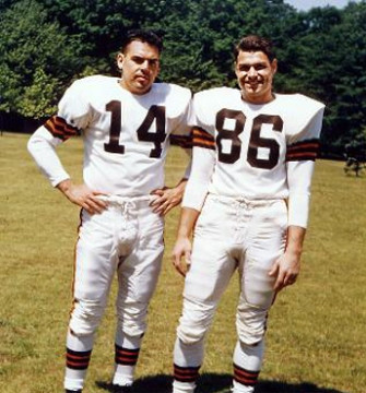 Otto Graham, Quarterback with Hall of Fame receiver Otto Graham (#14) and Dante Lavelli (#86).