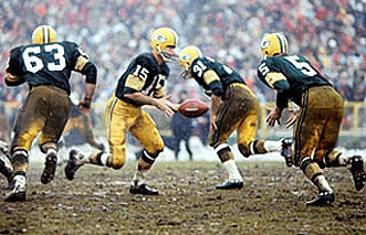 Green Bay's All-Pro Offense of the 1960s
Fuzzy Thurston (#63), Bart Starr (#15), Jim Taylor (#31) and Paul Hornung (#5)