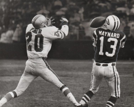 <h2>1967 AFL Game Play</h2>

All-Pros in the old American Football League, Miller Farr of the Houston Oilers defends against New York Jet receiver Don Maynard