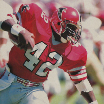 Chosen by Atlanta in the first round of the 1982 draft (the 9th overall player) from Arizona State. In his 7 seasons with the Falcons he rushed for 6631 yards (best in All-time Falcon history) and 48 touchdowns (2nd in All-time Falcon History). A Pro Bowl selection in 1985, 1986 and 1987. His best season was the 85 season when he rushed for 1719 yards, 10 touchdowns and averaged 4.3 yards a carry. 