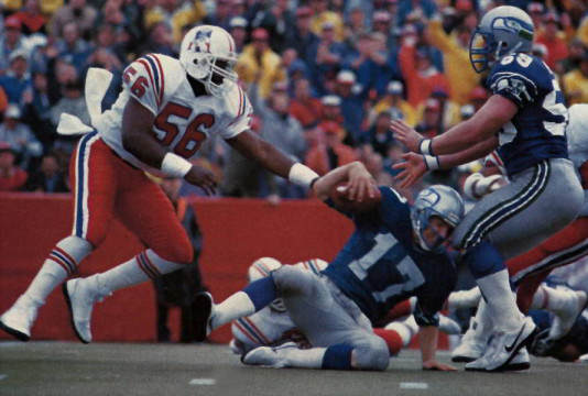 A takedown of Seahawks QB Dave Kreig. Tippett ended his career as the Patriots All-Time Team Leader with 100 sacks. 