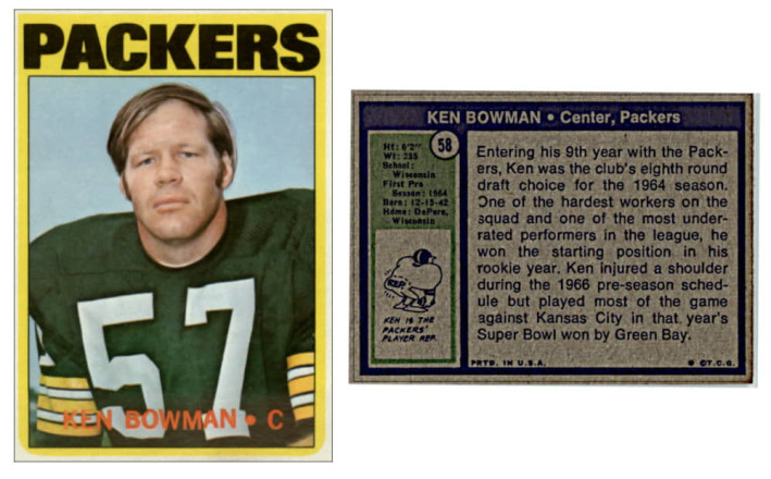 Ken Bowman on his 1972 Green Bay Packers Topps Football Card #58