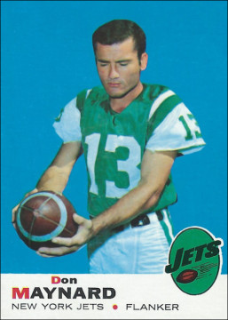 His 1969 card. That season he again led the Jets with 47 catches and 938 yards. Named All League and All Star for the AFL's final year of existence those numbers were good enough for #6 in league catches and #3 in receiving yards. The back of this card stated:
<em>"In 1967 Don was voted the club's "Most Valuable Player" as he led the American Football League in yards gained (1434) and in average gain per-catch (20.2). He has speed to spare and can catch anything within reach."</em>
 