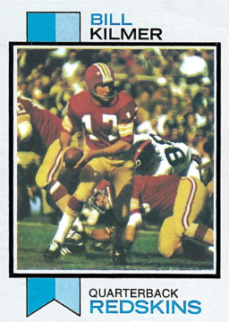 Billy Kilmer here on his 1973 Topps card. The year following the Redskins visit to the Super Bowl saw them winning 10 games with Kilmer getting credited with 7 victories. His numbers: 227 attempts, 122 completions, a 53.7% completion percentage, 1656 yards and 14 touchdowns. 