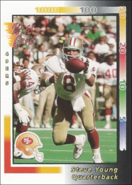 Hall of Famer Steve Young is the highlight of this 1992 AAA Trading card. 
By 1992 the future Hall of Famer was beginning to establish himself as one of the league's elite quarterbacks. Leading the league in percentage of passes completed (66.7%), touchdown passes (25), Yards-per-Passing Attempt (8.6), Passer Rating (107.0) and the lowest interception rate (1.7%). It was his first of 3 consecutive Associated Press All Pro selections.
