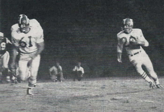 Houston Oilers, 1960 action. Heisman Award winner Billy Cannon (#20) gets behind the blocking of guard Bob Talamini (#61). At the season's end the much celebrated rookie from LSU was the AFL's #3 leading rusher with 644 yards.