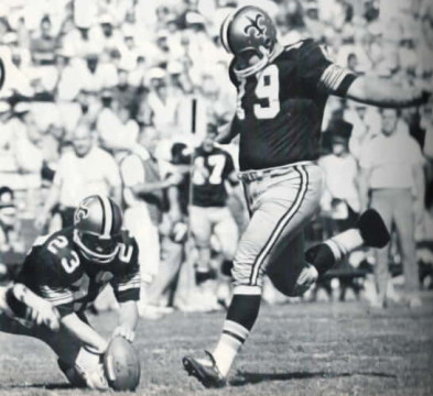 Saints rookie kicker Tom Dempsey (#19) with Dave Whitsell (#23)