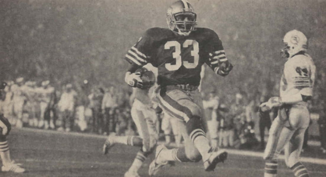 Roger Craig scores one of his 3 touchdowns in Super Bowl XIX