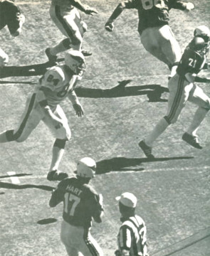 Eagles and Cardinals, 1973 - Jim Hart dumps off to an open Terry Metcalf as Eagle defender Richard Harris turns to give chase.