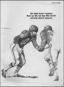 A page from the 1966 issue of Pro Football Almanac previewing the Kansas City Chiefs. A sketch of quarterback Len Dawson (#16) as he hands off to Curtis McClinton (#32). The Chiefs would end up being crowned the 1966 AFL Champions and face the Green Bay Packers in Super Bowl I. The caption refers to the sudden and tragic death of star running back Mack Lee Hill the previous year. 