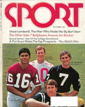 4 of the Top College Draft prospects in the 1971 NFL Draft - Jim Plunkett of Stanford, Archie Manning of Ole Miss, Joe Thiesmann of Notre Dame and Rex Kern of Ohio State - grace the cover of the October issue of Sport Magazine. 
 Jim Plunkett & Archie Manning would go #1 and #2 with Joe Theismann going in the 4th and Rex Kern went in the 10th.