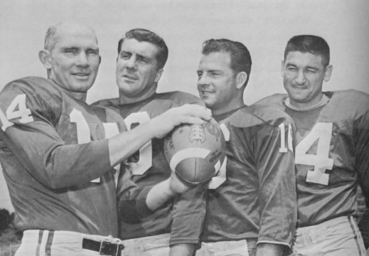 The offensive backfield that got the New York Giants to three consecutive trips to the NFL Championship Title Game in 1961, 1962 & 1963 - but lost all three times. From left to right: YA Tittle (#14), Alex Webster (#29), Frank Gifford (#16) & Phil King (#24)