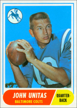 The great Johnny U on his 1968 Colts card. Unfortunately for him, he suffered an elbow injury during the preseason that caused him to sit out almost the entire year. Made a brief appearance in Super Bowl III against the Jets.  