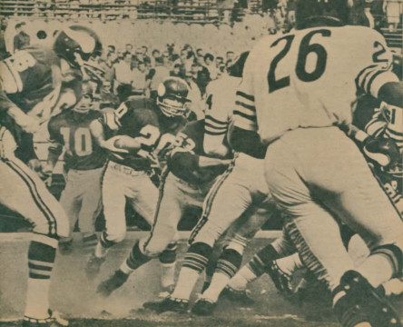Tommy Mason - Minnesota's first player to earn All Pro Honors - carries into the brunt of the Chicago Bears defense in 1963. Other players here are rookie Ray Poage (#86), Fran Tarkenton (#10) in the background, center Mick Tinglehoff (#53) and Bear cornerback Bennie McRae (#26).