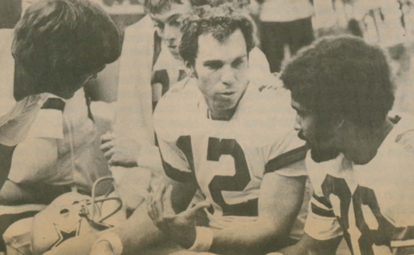 Roger Staubach discusses things with the Leading Receiver in the NFC (58 catches) in 1976, Drew Pearson, on the Cowboys sidelines.