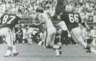 Packer defenders Willie Davis and Ray Nitschke chasing Bears quarterback Rudy Bukich