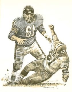 A Rob Riger drawing of Bears linebacker Bill George knocking down Packers center Jim Ringo.