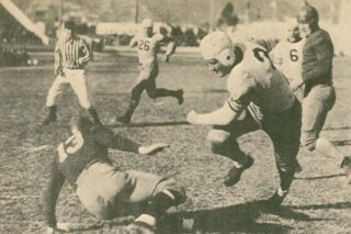 Chicago Bears great Bronko Nagurski runs over defenders