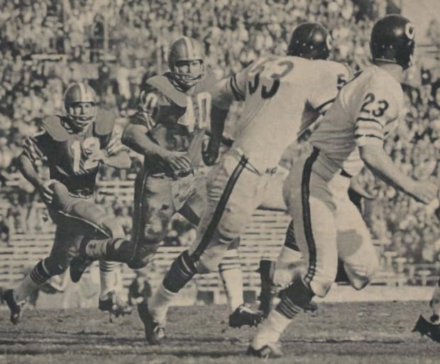 49ers John Brodie runs behind Ken Willard against Jim Purnell & Dave Whitsell of the Chicago Bears in 1966