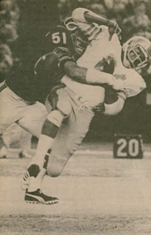 Bears Great Dick Butkus puts the hit on an Oilers receiver. We think this is from the 1972, maybe preseason.