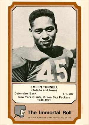 Trading Card of Emlen Tunnell from the 1974 Pro Football Hall of Fame Immortal Roll Set by Fleer