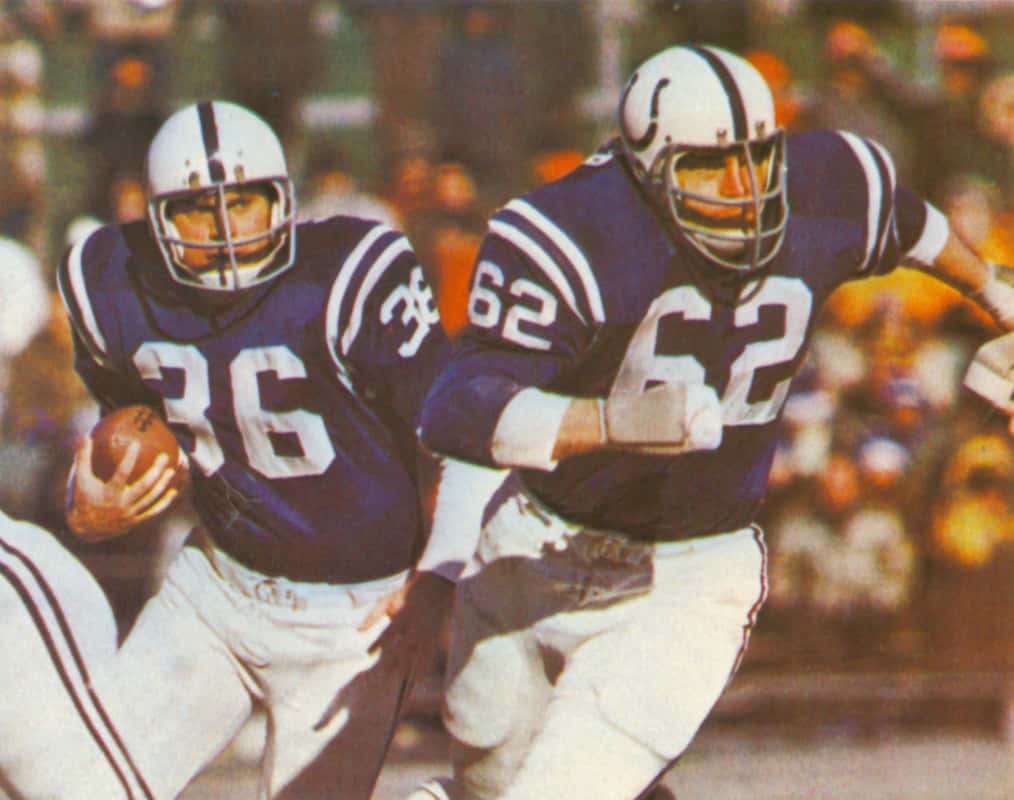 Norm Bulaich behind Glenn Ressler - Baltimore Colts 1971