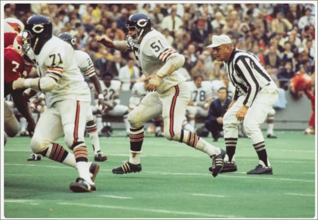 Color picture of Chicago Bear defenders Dick Butkus and Tony McGee in action.