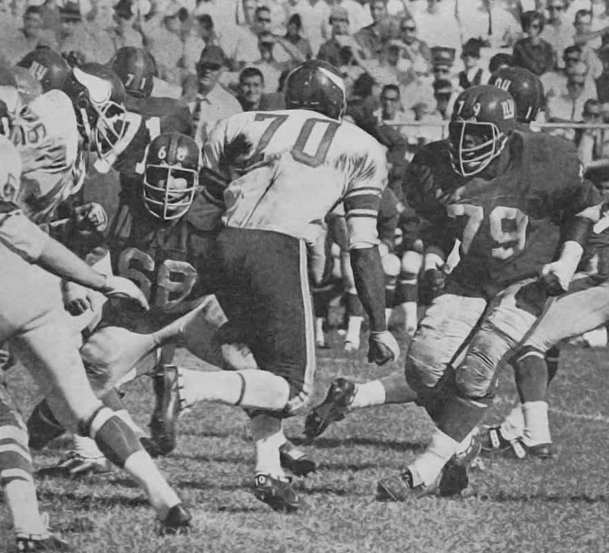 Jim Marshall and Rosey Brown face off against each other in 1965.