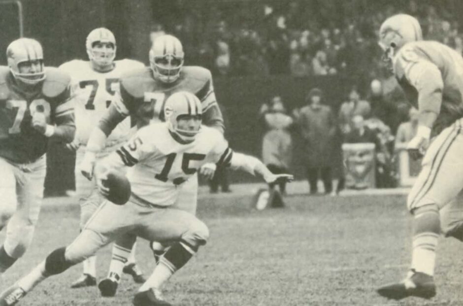 Bart Starr is surrounded by Detroit Lion defenders Roger Brown, Alex Karras and Darris Mccord in 1962.