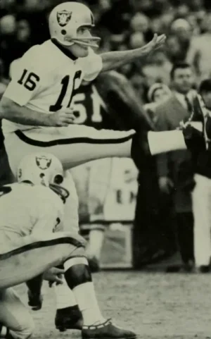 Raider kicker George Blanda kicks a field goal