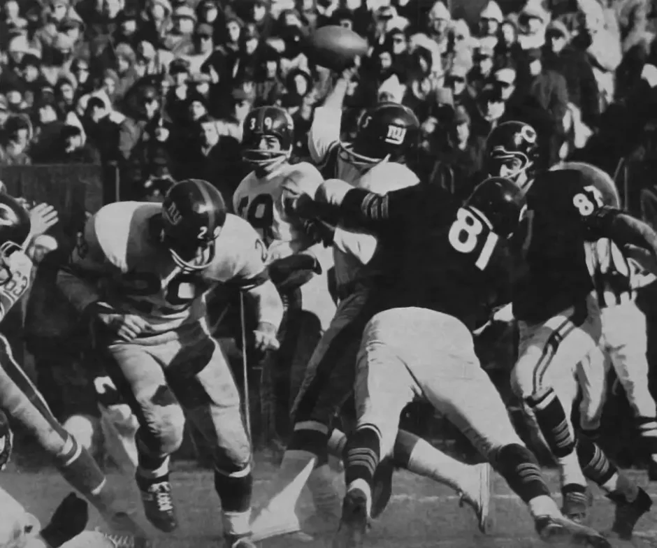 Bears Doug Atkins and Ed O'Bradovich put the heat on Giants back-up quarterback Glynn Griffin on his sole pass attempt of the 1963 Title game - it was incomplete. YA Tittle was sent to the sideline late in the first half with a leg-injury and Griffin appeared briefly. Tittle returned in the 3rd quarter to finish the game. The other Giants here are Alex Webster, #29 and Hugh McElhenny, #39.