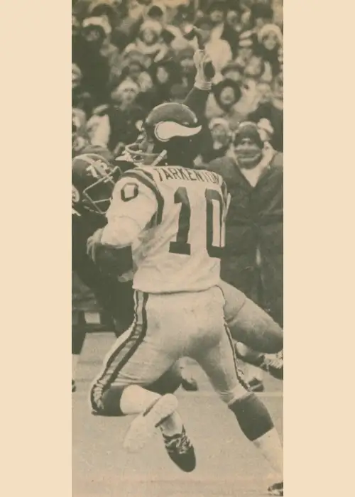 Vikings quarterback Fran Tarkenton finds himself in a bit of a situation under the heavy rush of Steeler lineman "Mean" Joe Greene. Pretty sure this picture is from Super Bowl IX where Tarkenton was never sacked, but was harassed constantly all game by the Steelers front 4. Minnesota was held to just 119 yards of offense.