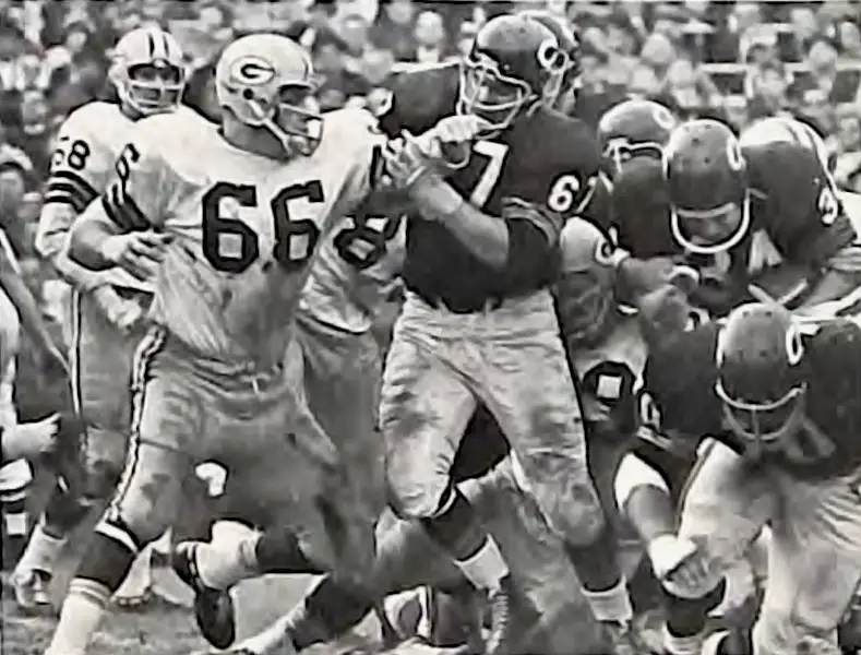 Mid 1960s NFL - The Packers and Bears in 1964 as Ted Karras takes on Ray Nitshke and Joe Marconi (#34) has little room to squeeze through. The Bear leading Marconi may be Herman Lee and the Packer in the back looks like linebacker Dan Currie.