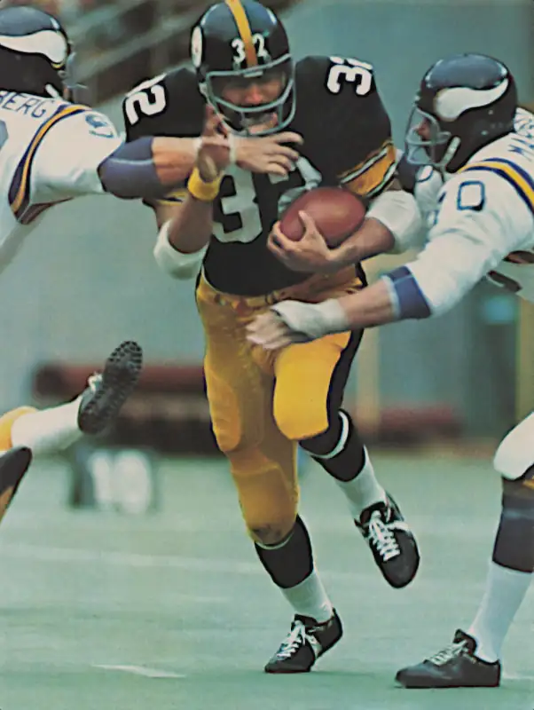 With 8 1,000+ yard season in his list of accomplishments Steelers running back Franco Harris left the NFL as it's #3 All-Time Leading Rusher in 1984 after 13 years. Here he carries against the Vikings - looks like Jim Marshall and Wally Hilgenberg.