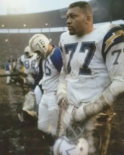 The Big Cat, Ernie Ladd looks ready to get down to business in the vintage San Diego Chargers photo.