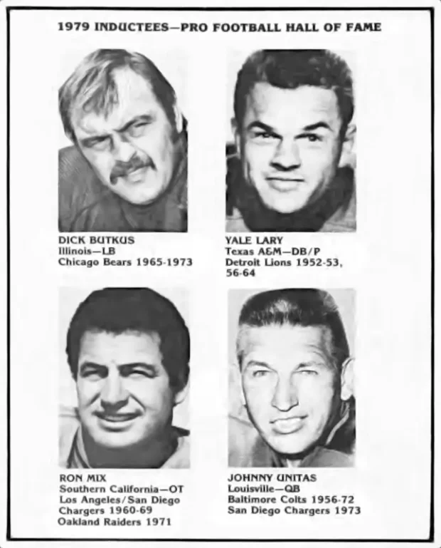 A Picture from an Old School NFL Magazine showing the 1979 Pro Football Hall Of Fame Inductees - Dick Butkus, Yale Lary, Ron Mix and Johnny Unitas.