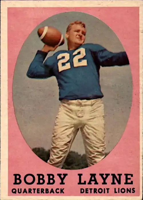 Bobby Layne started the 1958 season as a Lion but was traded to Pittsburgh after the first game of the season. Layne would lead the Steelers to 7 wins and make the Pro Bowl. Here he is on his 1958 Topps as Detroit Lion.