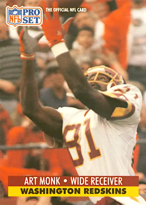 The great Art Monk on his 1991 Pro Set Card. Entered the 1991 season as the NFL's #3 All-Leading Pass Receiver with 730 catches - just 20 shy of Charlie Joiner and the #2 spot. Hauling in 71 catches for the year he finished #2 and just 18 catches away from the #1 spot held by Steve Largent.