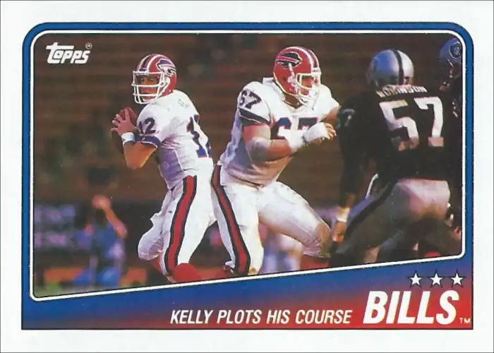 1988 Topps featuring the 1987 Buffalo Bills team leaders with Jim Kelly on the front.