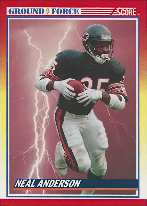After a Thousand Yard Rushing Year for the second straight time in 1989 Chicago's Neal Anderson was featured in Score's 1990 Ground Force set.