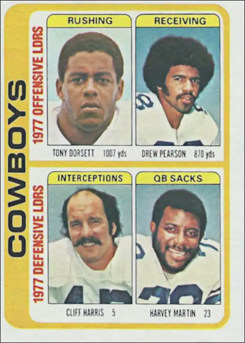 Dallas Cowboys 1978 Topps Card featuring Tony Dorsett as the Rushing Team Leader with 1007 yards.