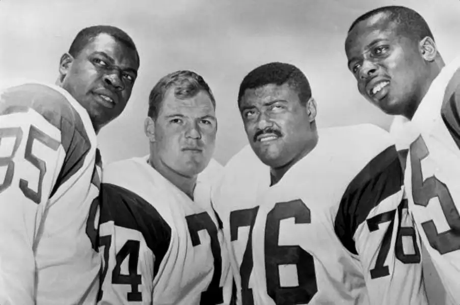 The "Fearsome Foursome" of the LA Rams - Lamar Lundy, Merlin Olsen, Rosey Grier & Deacon Jones. Together from 1963 to 1966. Jones and Olsen are in the Pro Football Hall of Fame