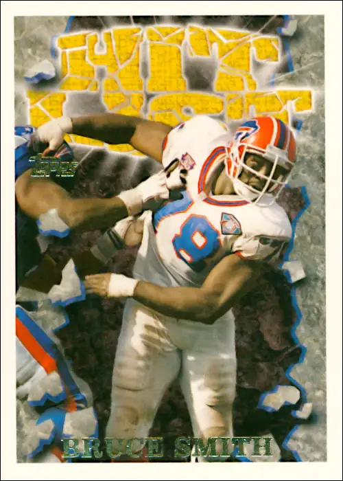 32 years old in 1995, his 11th year with the Bills, Bruce Smith is featured in the Topps "Hit List" set. He would post 10.5 sacks and 74 tackles.