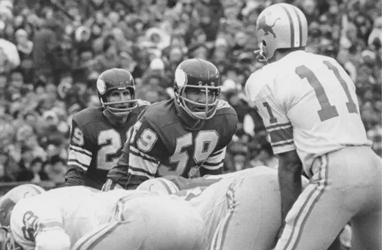 Vikings Karl Kassulke and Lonnie Warwick lined up against Greg Landry and the Lions