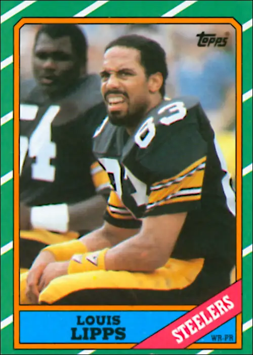 Steelers Wide Receiver & Punt Returner Louis Lipps on his 1986 Topps card. His third year in the league, his 590 receiving yards led the team while his 38 catches was second.
