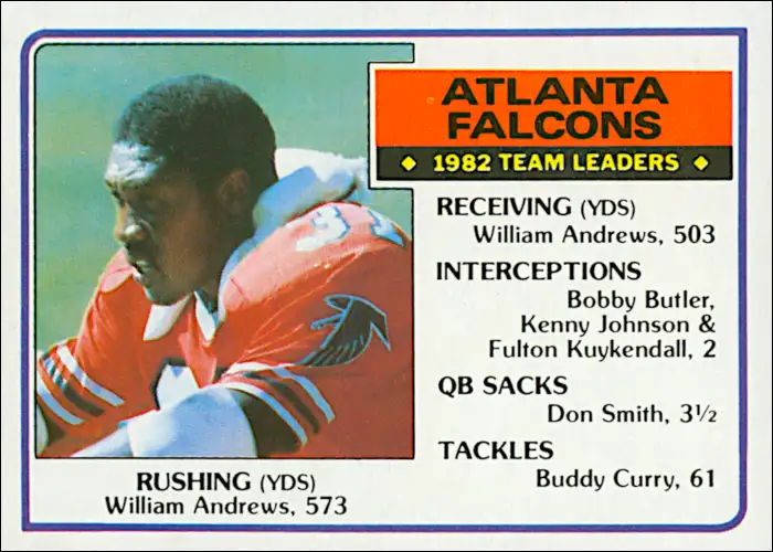 William Andrews with 573 rushing yards in the strike shorten 1982 NFL season, was the Falcons top runner. Here he's featured among the Atlanta Falcons Team Leaders for the Year.