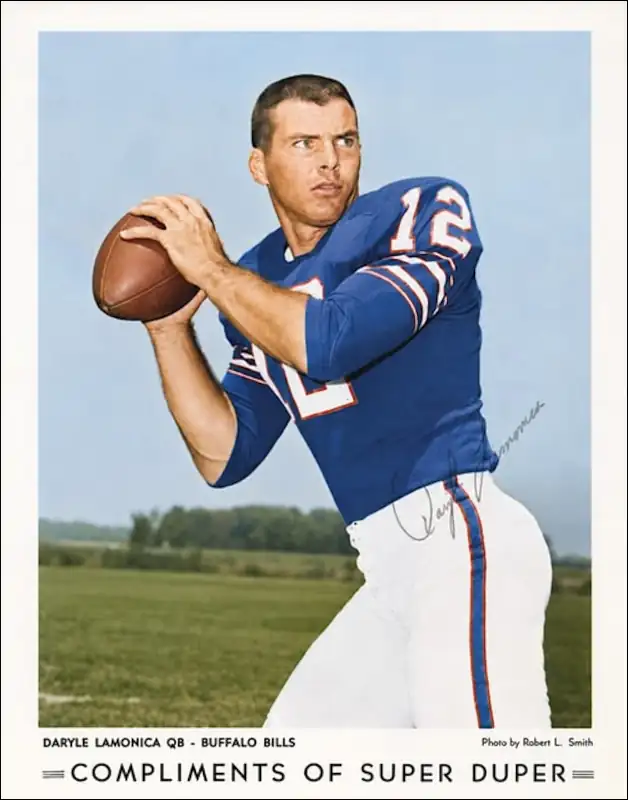 A colorized rendition of a Super Duper Market Promo Poster featuring Buffalo Bills quarterback Daryle Lamonica in 1965.