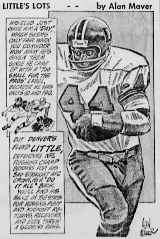 From 1972, Denver Broncos running back is the focus of this little cartoon by sports artist Alan Maver