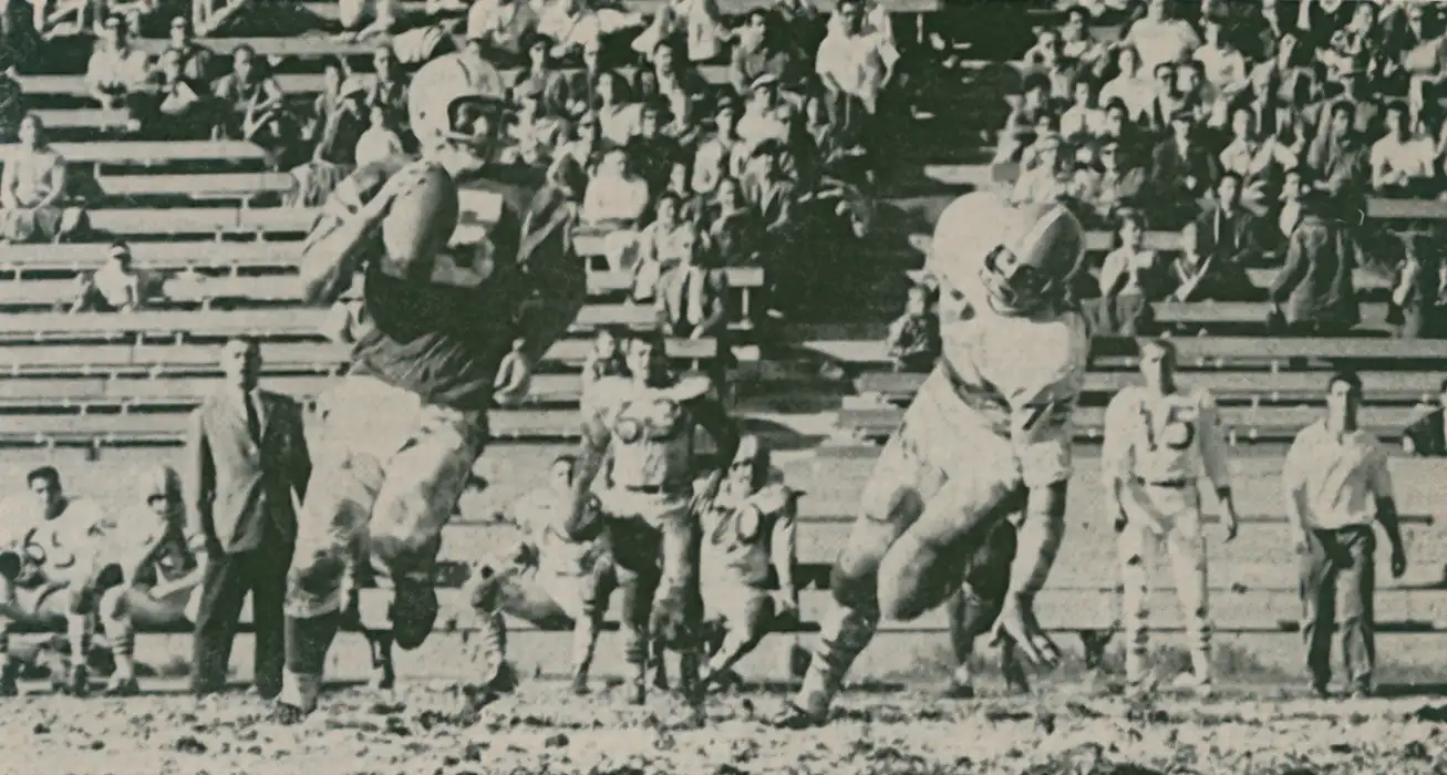 An early 1960s AFL game as the Los Angeles Chargers and Houston Oilers go at it with LA quarterback Jack Kemp scrambling. This could be the November 13, 1960 game where Kemp threw for 296 yards and 2 touchdowns in a 24-20 Charger win.
